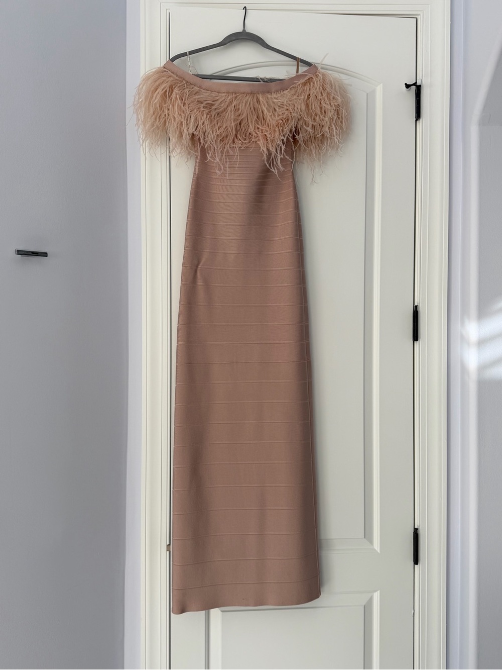 Herve Leger One-Shoulder Feather Trim Bandage Gown in Blush Tan